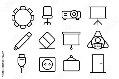 Meeting Room Icons. Meeting Room. Line icon set of Meeting Room: round table, chairs, projector, whiteboard, marker, eraser, pull-down screen, conference