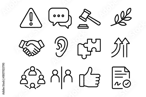 Workplace Conflict Icons. Managing workplace conflict and problem-solving. Line icon set of Managing workplace conflict and problem-solving: two people