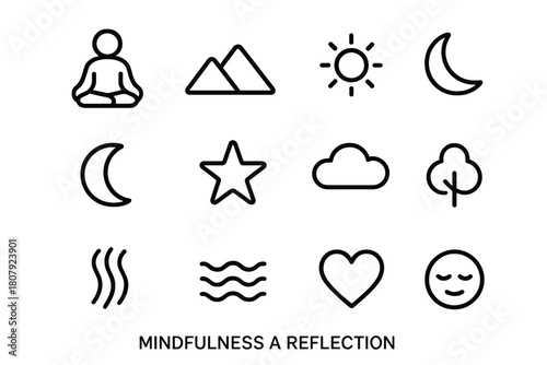 Mindfulness Icon Set. Mindfulness and focus. Line icon set of mindfulness and focus: lotus flower, brain, headphones, breath icon, metronome, chair, journal,