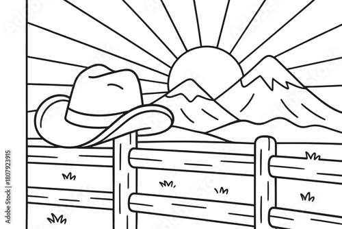 Cowboy Sunset Coloring. Western sunset children?s coloring book illustration, outlined drawing, cowboy hat resting on a fence with mountains and sun rays in