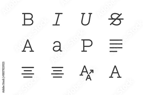 Text Tool Icons. Text tools. Line icon set of Text tools: bold text, italic text, underline, strikethrough, uppercase letter, lowercase letter, paragraph,