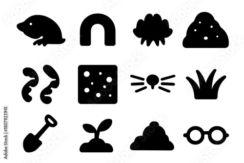 Soil Digger Icons. Soil Digger. Solid icon set of Soil Digger: mole, tunnel, digging paws, dirt mound, worm, soil, whiskers, nose, grass, shovel, garden,