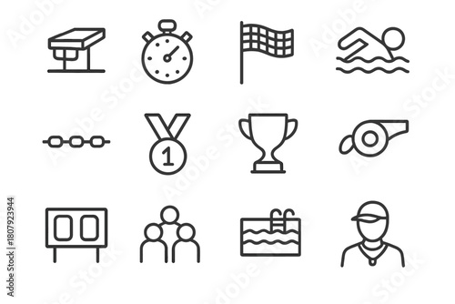 Swimming Icon Set. Swimming competition. Line icon set of swimming competition: starting block, stopwatch, finish flag, swimmer, lane rope, medal, trophy,
