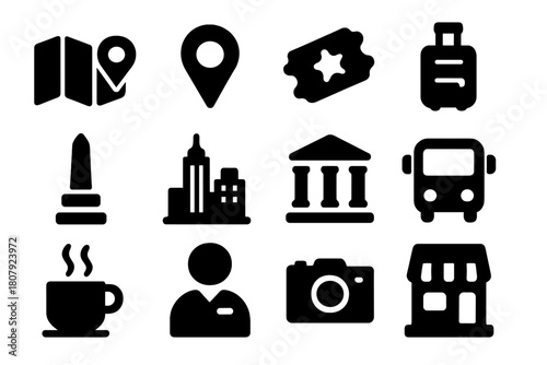 City Tourism Icons. City tourism. Solid icon set of City tourism: map, landmark pin, ticket, travel bag, monument, skyline, museum, bus, coffee cup, guide,