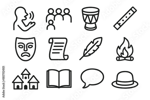 Oral Traditions Icons. Oral traditions. Line icon set of oral traditions: storyteller, audience, drum, flute, mask, scroll, feather, fire, village, book,
