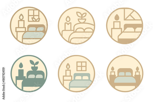 Serene Bedroom Logos. A peaceful bedroom with soft, calming colors and scents. Icon set. Set Logo of peaceful bedroom: plant and pillow arrangement symbolizing