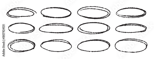 Monochrome ellipses and bubbles to encircle and highlight text. Hand drawn marker ovals set, outline and line art, isolated on monochrome. set, line art, outline, doodle hand.