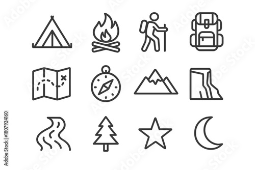 Outdoor Adventure Icons. Outdoor Adventure. Line icon set of Outdoor Adventure: tent, campfire, hiker, backpack, map, compass, mountain, cliff, river, tree,