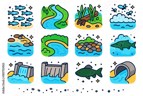 Freshwater Icons Grid. Freshwater shoals. Colorful isometric vector icons set of Freshwater shoals: minnow shoal, river bend habitat, submerged log shelter,