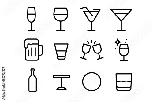 Festive Drink Icons. Festive drinks. Line icon set of festive drinks: champagne flute, wine glass, cocktail glass, martini glass, beer mug, shot glass, whiskey
