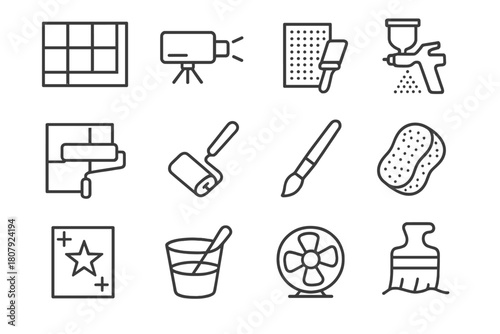 Large Wall Icon Techniques. Large Wall Techniques. Line icon set of Large Wall Techniques: grid method, projector alignment, pounce pattern, gradient spray,