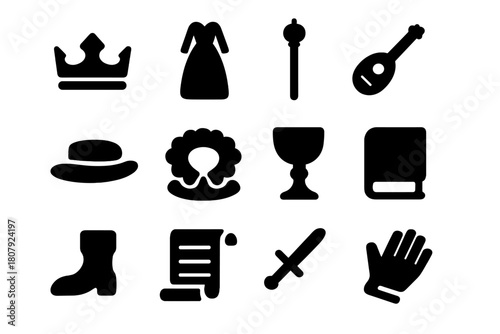 Renaissance Icon Set. Renaissance attire. Solid icon set of Renaissance attire: crown, gown, scepter, lute, hat, ruff collar, chalice, book, boot, scroll,