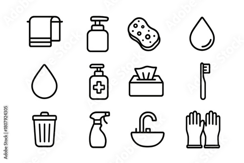 Hygiene Icon Set. Hygiene Essentials. Solid icon set of Hygiene Essentials: toothbrush, toothpaste, soap dispenser, shampoo bottle, conditioner bottle, towel,
