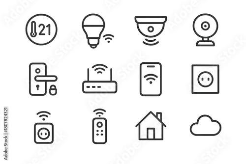 Home Automation Icons. Home automation. Line icon set of home automation: thermostat, smart light, smart speaker, door lock, motion sensor, remote control,