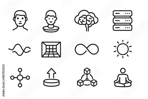 Virtual Consciousness Icons. Virtual consciousness. Line icon set of virtual consciousness: avatar face, floating hologram, brain in cloud, server rack, data