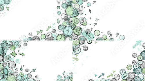 Hand drawn corner illustrations featuring clocks arrows and abstract time elements in soft green shades. Ideal for time management themes business presentations and creative layouts.