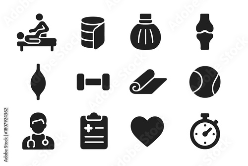 Sports Therapy Icons. Sports injury therapy. Solid icon set of sports injury therapy: physiotherapist, bandage, ice pack, knee joint, muscle, dumbbell, mat,