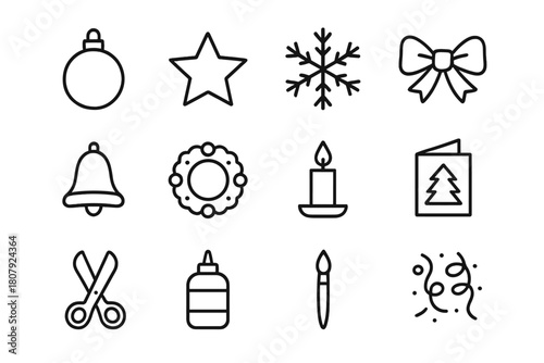 Holiday Craft Icons. Holiday crafts. Line icon set of holiday crafts: ornament ball, star, snowflake, ribbon bow, bell, wreath, candle, card, scissors, glue,