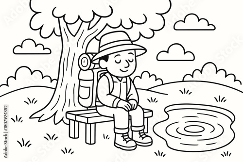 Traveler by Pond. Peaceful reflection stop children?s coloring book illustration, outlined drawing, a traveler sitting calmly on a bench under a tree beside a