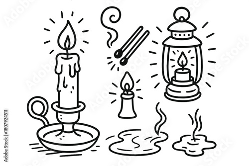 Candlelight Black Outline Doodle. Candlelight. Hand-drawn doodle illustration candlelight candle, wax drips, wick, flame, holder, lantern, matches, smoke curl,