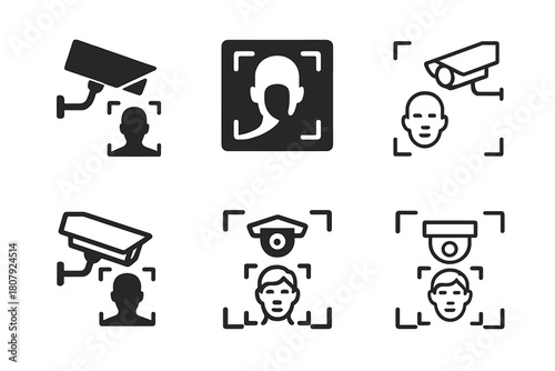 Facial Recognition Logos. Facial recognition. Icon set. Set Logo of facial recognition: camera lens with face aperture motif. harmonious logo variations of the