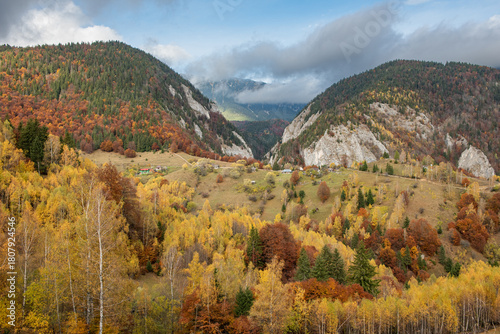 Piatra Craiului National Park autumn landscape. Romanian autumn landscape. Pestera Magura peisaj de toamna.