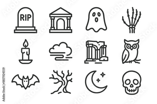 Cemetery Icon Set. Cemetery. Solid icon set of Cemetery: tombstones row, iron gate, lantern, grave path, old tree, mausoleum, statue angel, cross, crow, fog