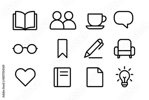 Book Club Icons. Book Club. Line icon set of Book Club: open book, coffee cup, group of people, chat bubble, reading glasses, bookshelf, bookmark, calendar,