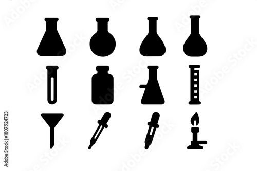 Lab Tools Icons. Lab Tools. Solid icon set of Lab Tools: Erlenmeyer flask, round-bottom flask, volumetric flask, Florence flask, test tube, reagent bottle,