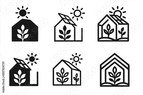 Sustainable Agriculture Icons. Climate change action. Icon set. Set Logo of Sustainable Agriculture: Farm with plants. Abstract geometric, Stylized detail,