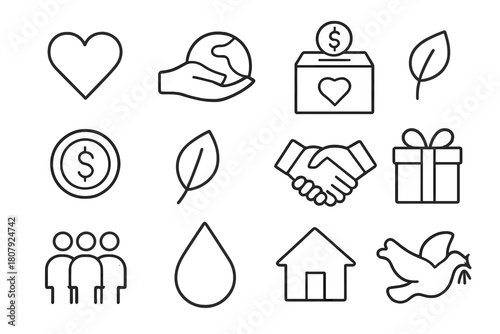 Philanthropy Icon Collection. Philanthropy and giving. Line icon set of philanthropy and giving: heart, hand, globe, donation box, coin, leaf, handshake, gift