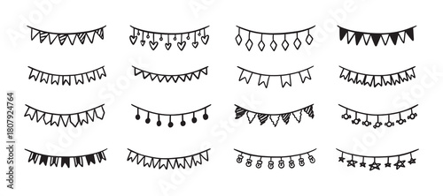 Holiday bunting doodle set. Hand drawn outline birthday garland of flags, hearts, stars, circles. Children doodle drawing