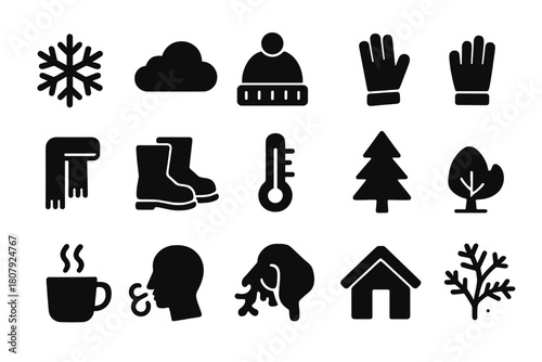Frosty Weather Icons. Frosty weather. Solid icon set of frosty weather: snowflake, cloud, hat, gloves, scarf, boots, thermometer, tree, cup, breath, house,