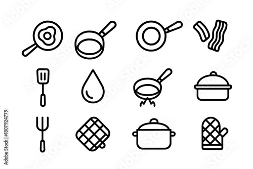 Cooking Icon Set. Cooking and measuring. Line icon set of cooking and measuring: scale, measuring cup, spoon, bowl, flour bag, whisk, jar, rolling pin, scoop,