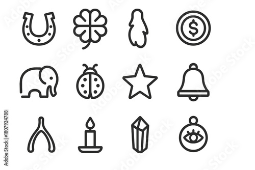 Lucky Charm Icons. Lucky charms. Line icon set of lucky charms: horseshoe, four-leaf clover, rabbit's foot, coin, elephant, ladybug, star, bell, wishbone,