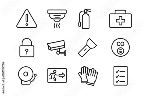 Home Safety Icons. Home safety tools. Line icon set of Home safety tools: smoke detector, fire extinguisher, first aid kit, lock, security camera, flashlight,