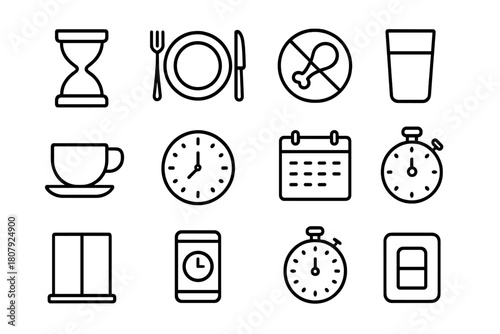Intermittent Fasting Icons. Intermittent fasting. Line icon set of intermittent fasting: hourglass, plate, fork, knife, no food symbol, water glass, tea cup,