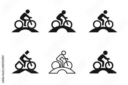 Bicycle Commuting Logos. Bicycle commuting. Icon set. Set Logo of Bicycle Commuting: front view of bicycle with city elements. harmonious logo variations of