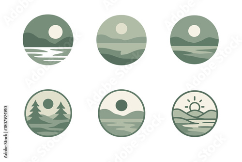 Misty Morning Logos. Early morning mist. Icon set. Set Logo of early morning mist: sunrise through haze. harmonious logo variations of the same emblematic