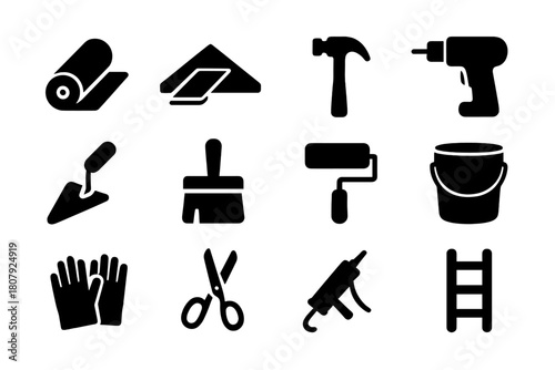 Roofing Tool Icons. Roofing membrane. Solid icon set of roofing membrane: membrane roll, roof, hammer, drill, trowel, brush, roller, bucket, gloves, scissors,