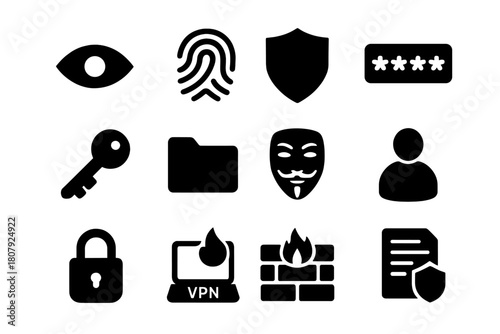 Digital Privacy Icons. Digital privacy. Solid icon set of Digital privacy: closed eye, fingerprint, shield, password dots, encryption key, private folder,