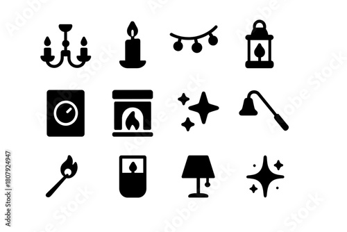 Ambiance and Lighting Icons. Ambiance and Lighting. Solid icon set of Ambiance and Lighting: chandelier, candle, fairy lights, lantern, dimmer