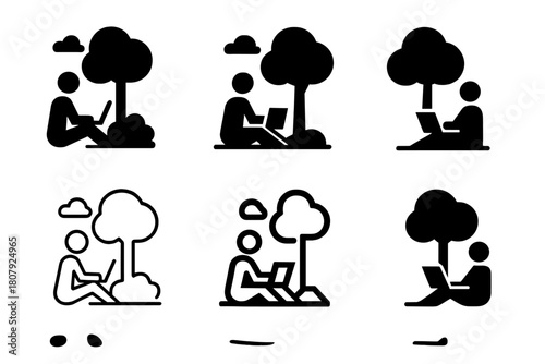 Remote Work Icons. Remote Work. Line icon set of Remote Work: laptop, hands typing, coffee mug, phone, plant, document, chair, clock, headset, mouse, calendar,