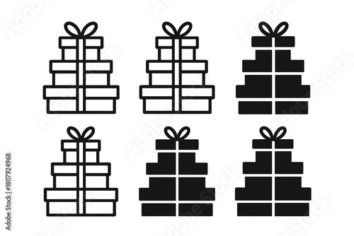 Stacked Presents Icons. Presents stacked up. Icon set. Set Logo of Presents stacked up: Confetti. harmonious logo variations of the same emblematic concept