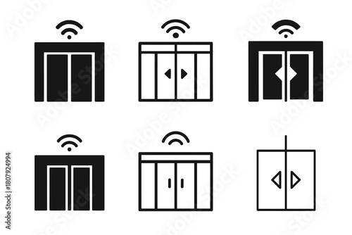Sliding Doors Logos. Sliding doors. Icon set. Set Logo of sliding doors: automatic sliding door with motion sensor. harmonious logo variations of the same