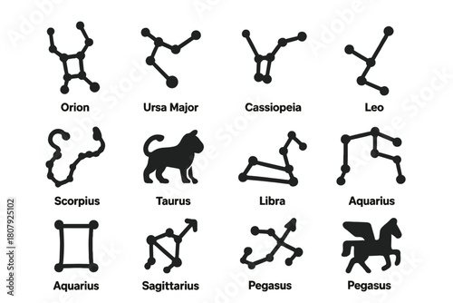 Zodiac Symbol Icons. Constellations. Solid icon set of Constellations: Orion, Ursa Major, Cassiopeia, Scorpius, Leo, Taurus, Gemini, Pisces, Libra, Aquarius,