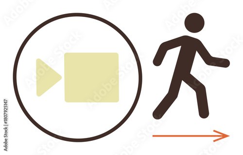 Camera icon within a circle beside a walking figure and arrow suggesting movement. Ideal for technology, surveillance, filming, motion tracking, video production, safety, activity. Simple flat