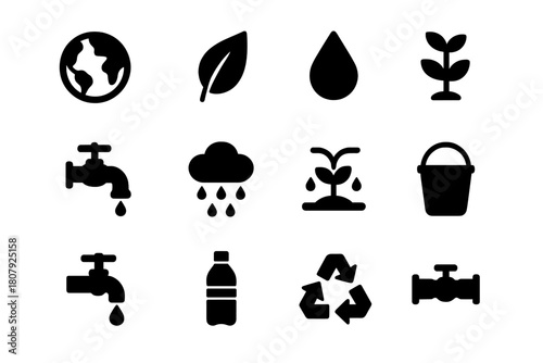Conservation Awareness Icons. Conservation awareness. Solid icon set of Conservation awareness: globe, leaf, water droplet, plant, faucet, rain