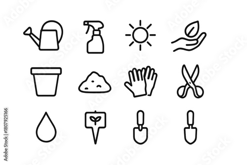 Plant Care Icons. Plant Care. Solid icon set of Plant Care: potted plant, greenhouse, seedling, watering can, garden trowel, plant tray, sun, thermometer, soil