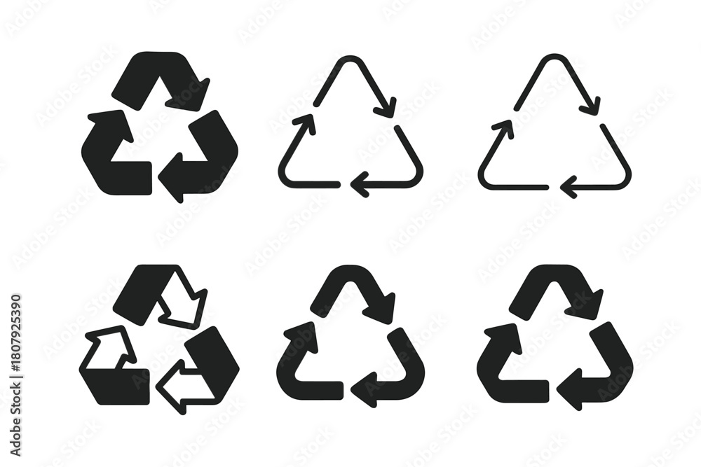 Obraz premium Recycling Logo Variations. Recycling process. Icon set. Set Logo of recycling process: arrows forming infinity loop. harmonious logo variations of the same